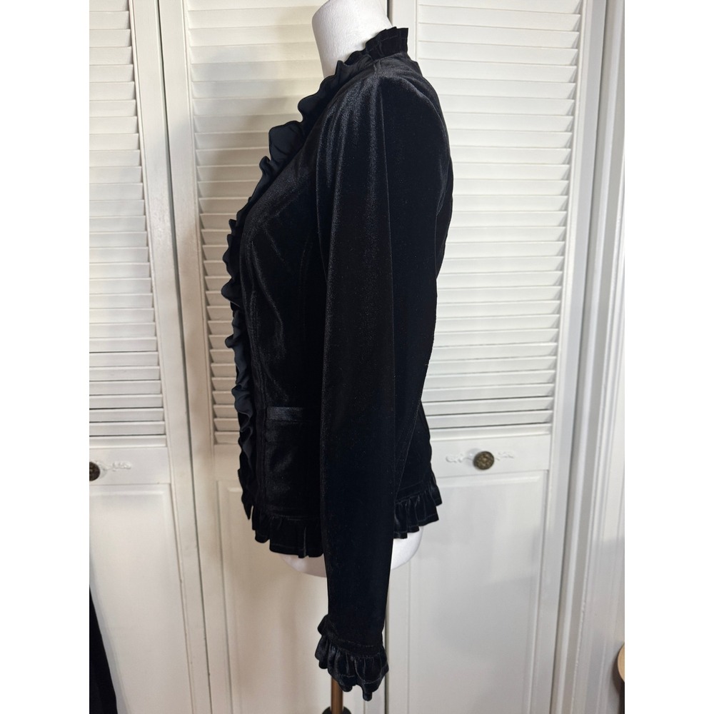 INC Black Velvet Goth Romantic Ruffle Blazer M Jacket Equestrian Riding Fairy - Picture 10 of 16